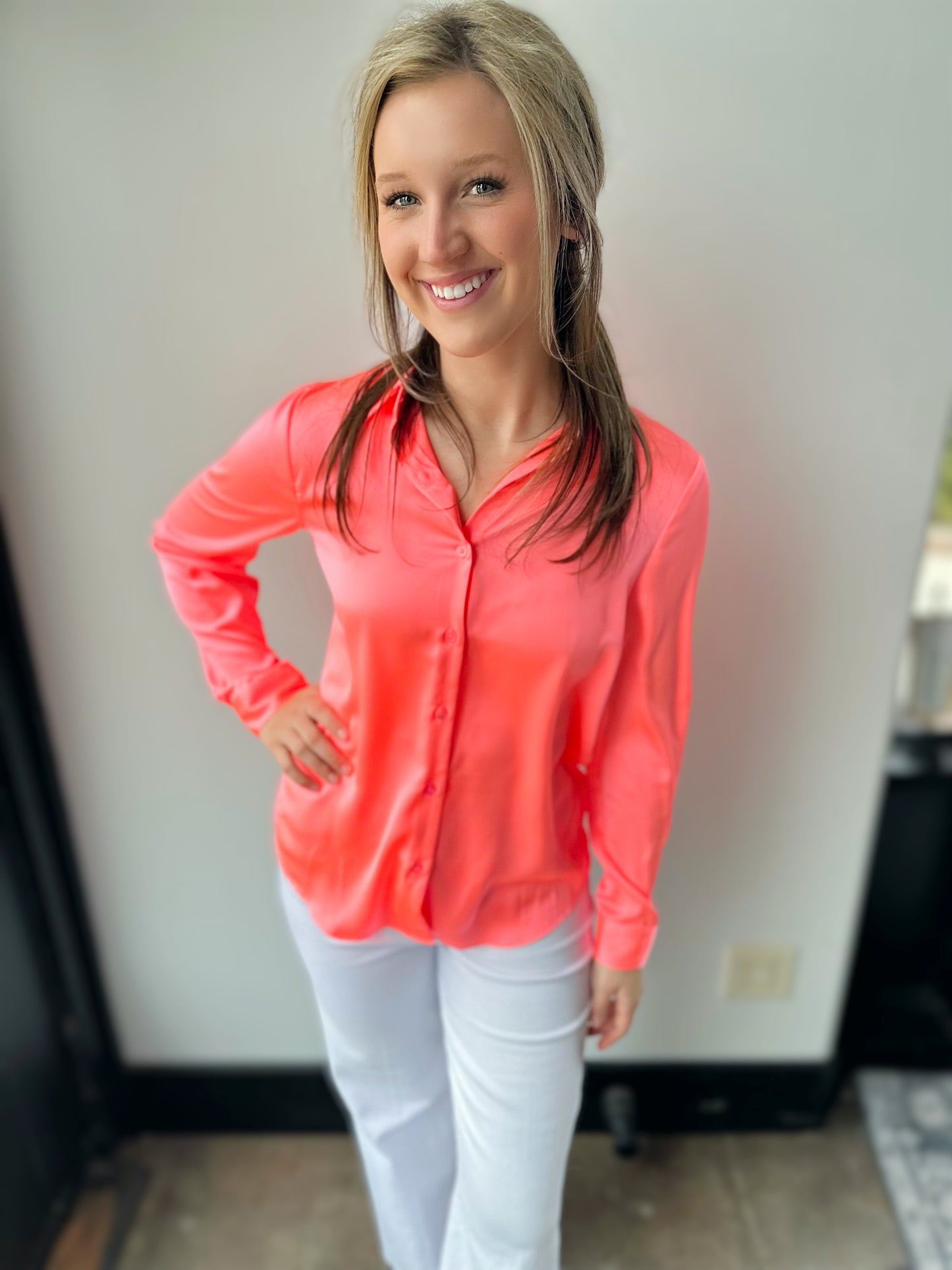 Sophia Satin Button Down- Neon Salmon