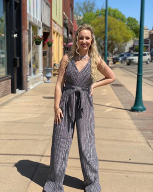 Silver metallic pleat jumpsuit