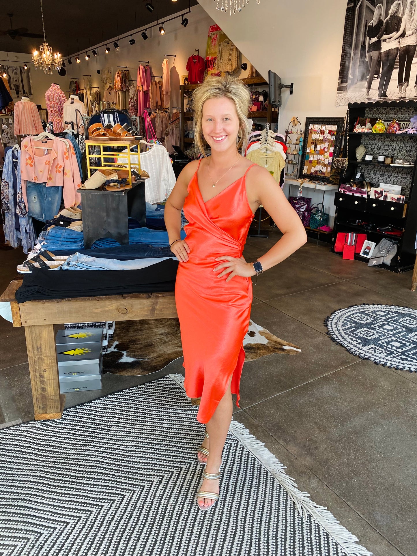 Neon red v neck side slit dress