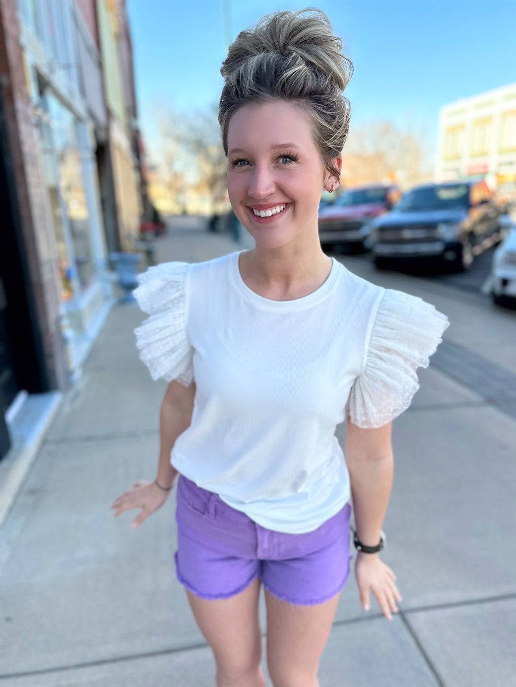 Olivia Off White Layered Tulle Sleeve Top